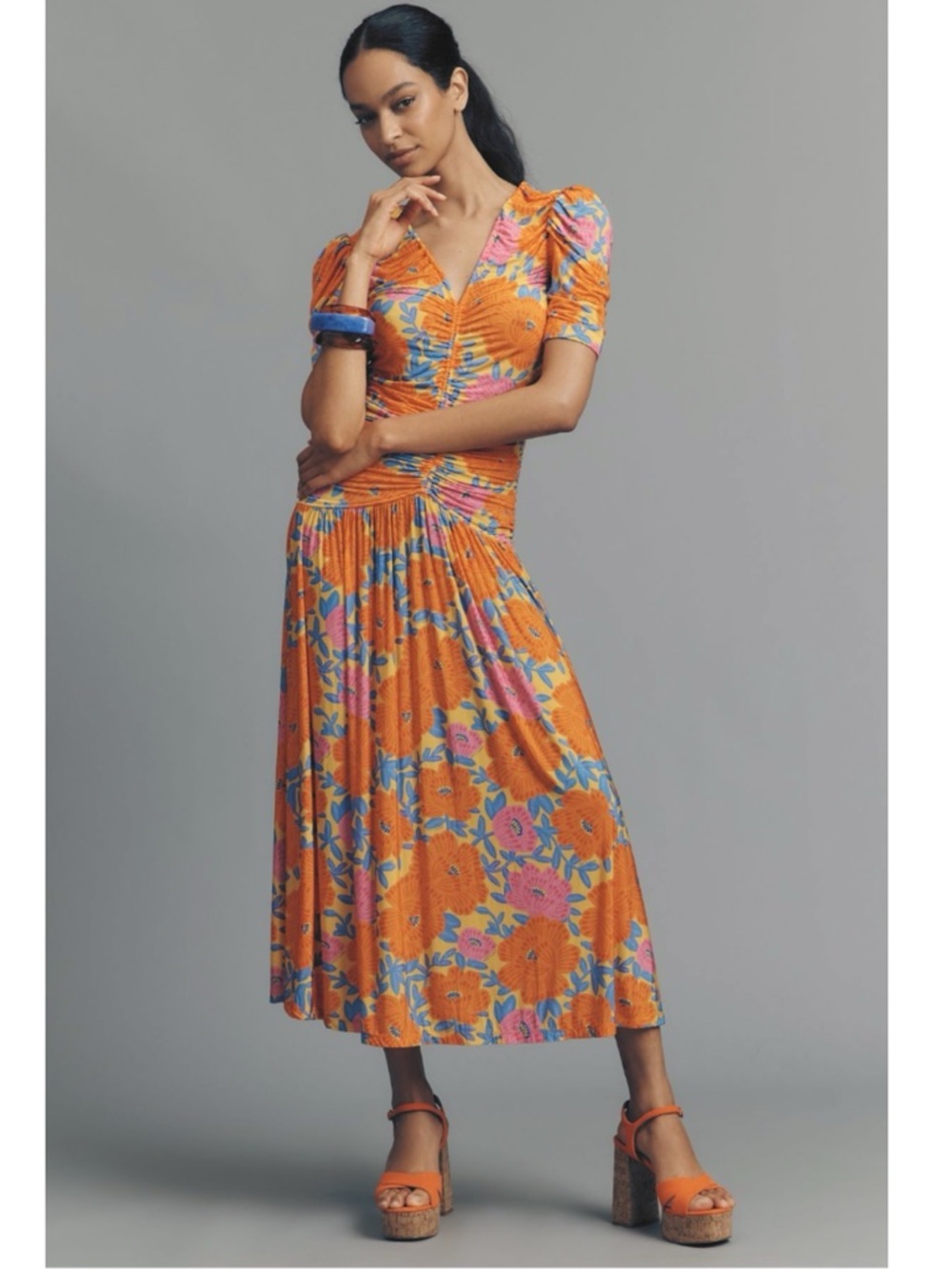 ANTHROPOLOGIE Farm Rio Short Sleeve Ruched Midi Dress Tropical Floral Size M NEW